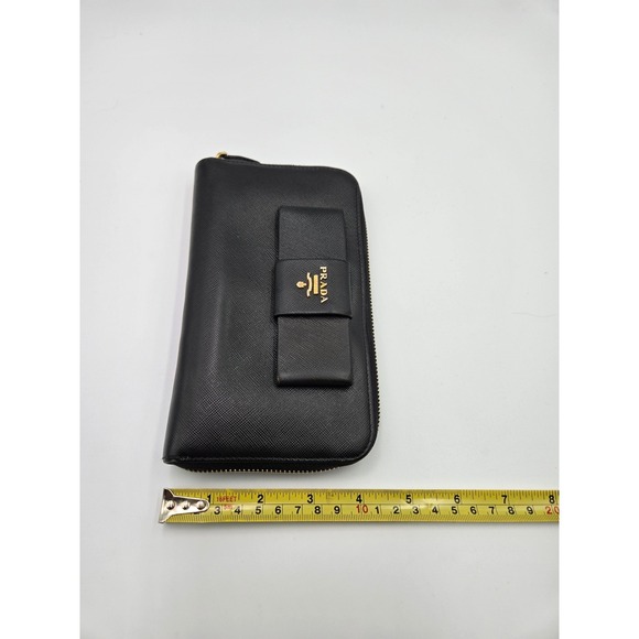 Prada Black Saffiano Leather Zip Around Continental Bow Wallet